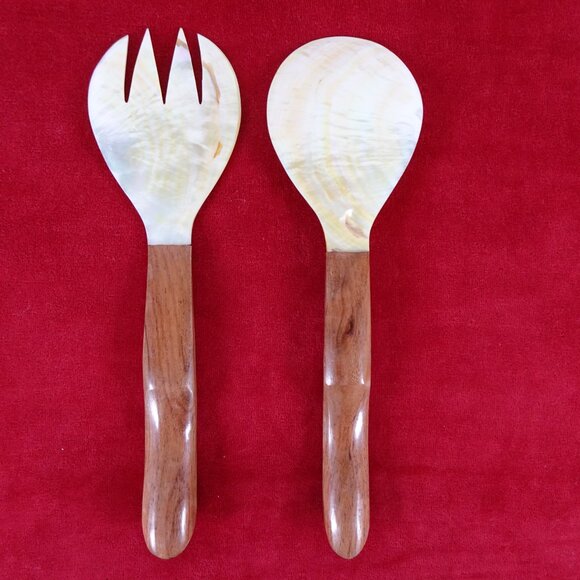 Salad Server Fork Spoon Tongs Natural Iridescent Capiz Mother of Pearl Seashell - Picture 9 of 11